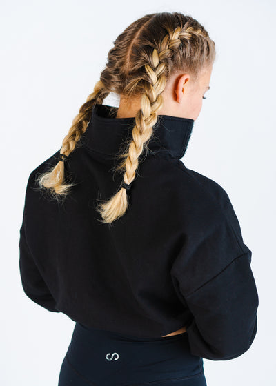 Women's 1/4 Zip Crop Black Sweater Back View
